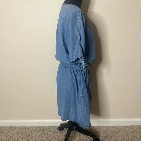 GAP Women’s Blue Chambray Faux Wrap V~Neck Tie Sleeve Belted Mini Dress Sz M - Picture 5 of 8